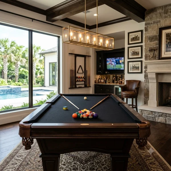 A luxury dark wood pool table with black felt, racks of billiard balls, and cues, in a home game room with a view of an outdoor pool.