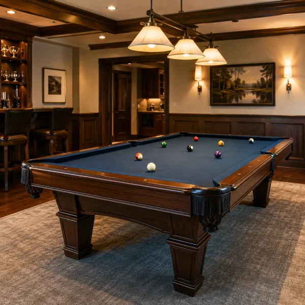 A detailed view of a pool table during a professional leveling and repair calibration