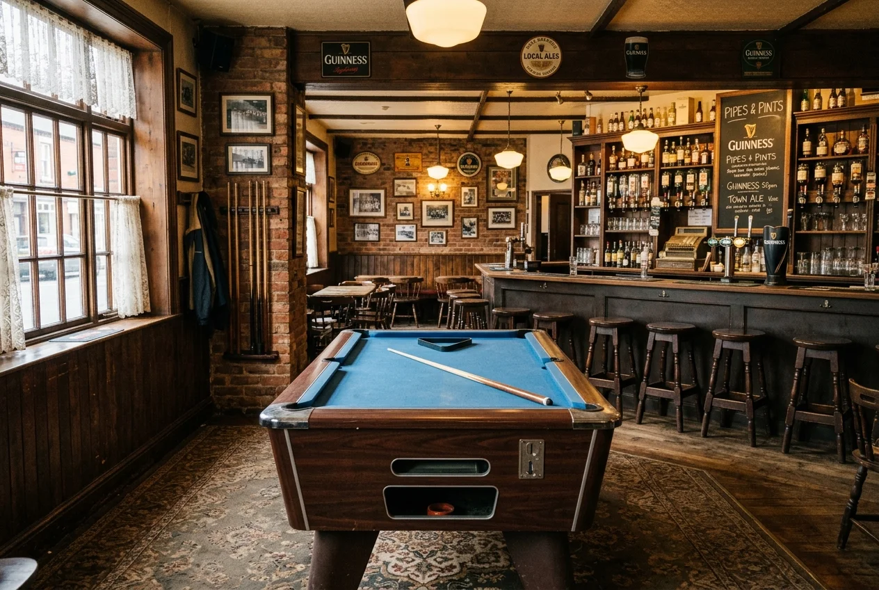 A classic one-piece slate coin-operated pool table with a blue felt top inside an empty neighborhood pub bar