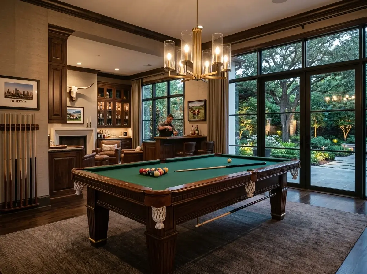 An elegant mahogany slate pool table with green felt top inside a luxurious Houston estate home game room