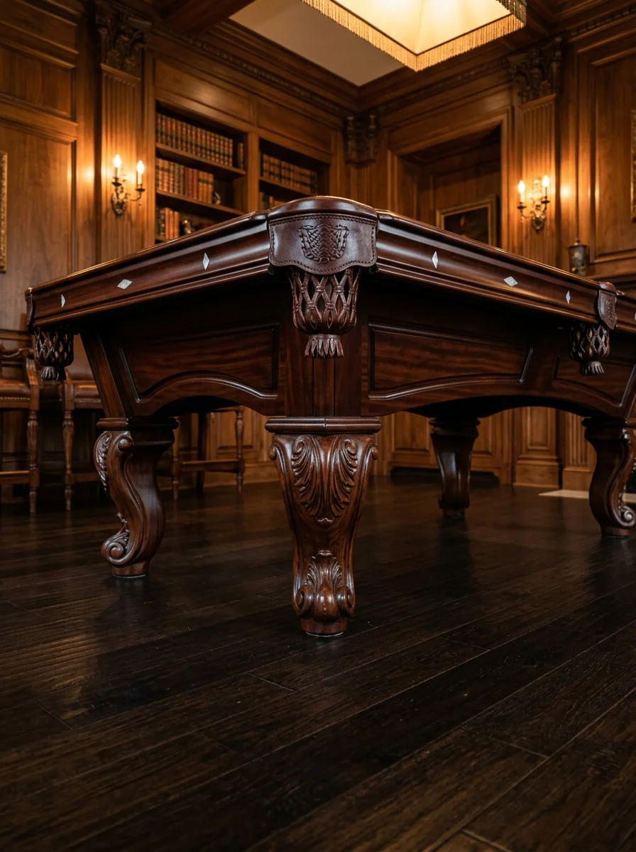 A close-up low-angle detailed shot of a polished mahogany pool table leg and leather drop pocket with tassels