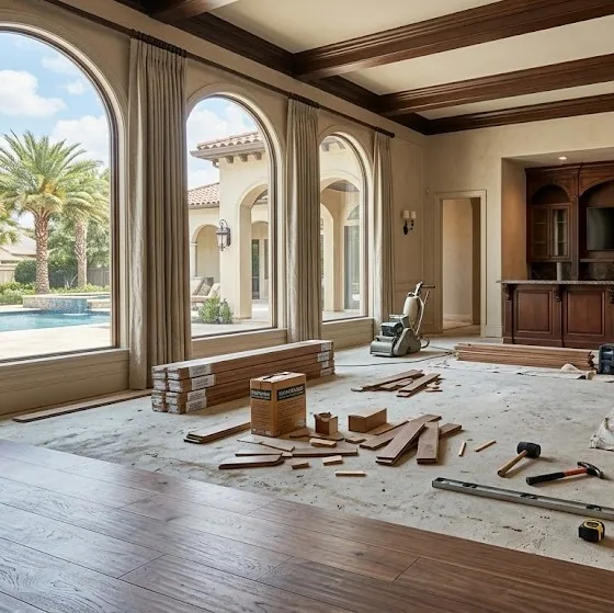 A room undergoing flooring work with stacked wood planks and tools